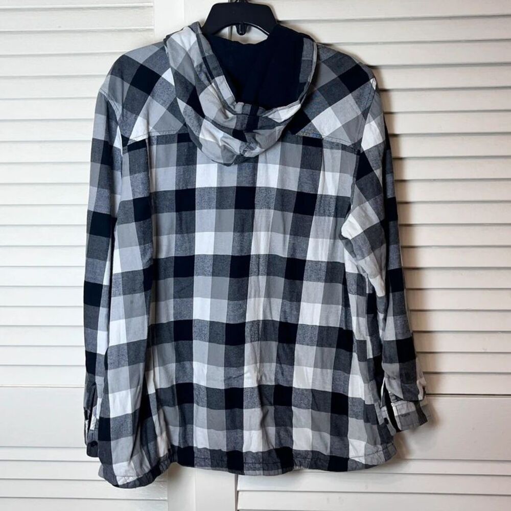 Eddie Bauer Womens 2XL Black/Gray/White Hooded Plaid Cotton Shirt Jacket